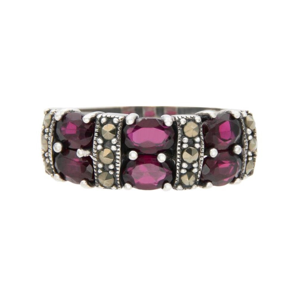 Sterling Silver Band Ring with Deep Red Oval Gemstones